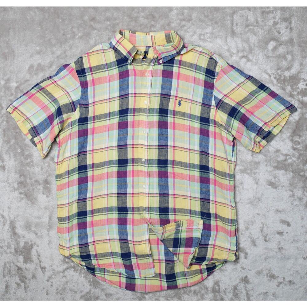 Ralph Lauren Yellow Blue Red Green Plaid Linen Short Sleeve Shirt Mens Size L